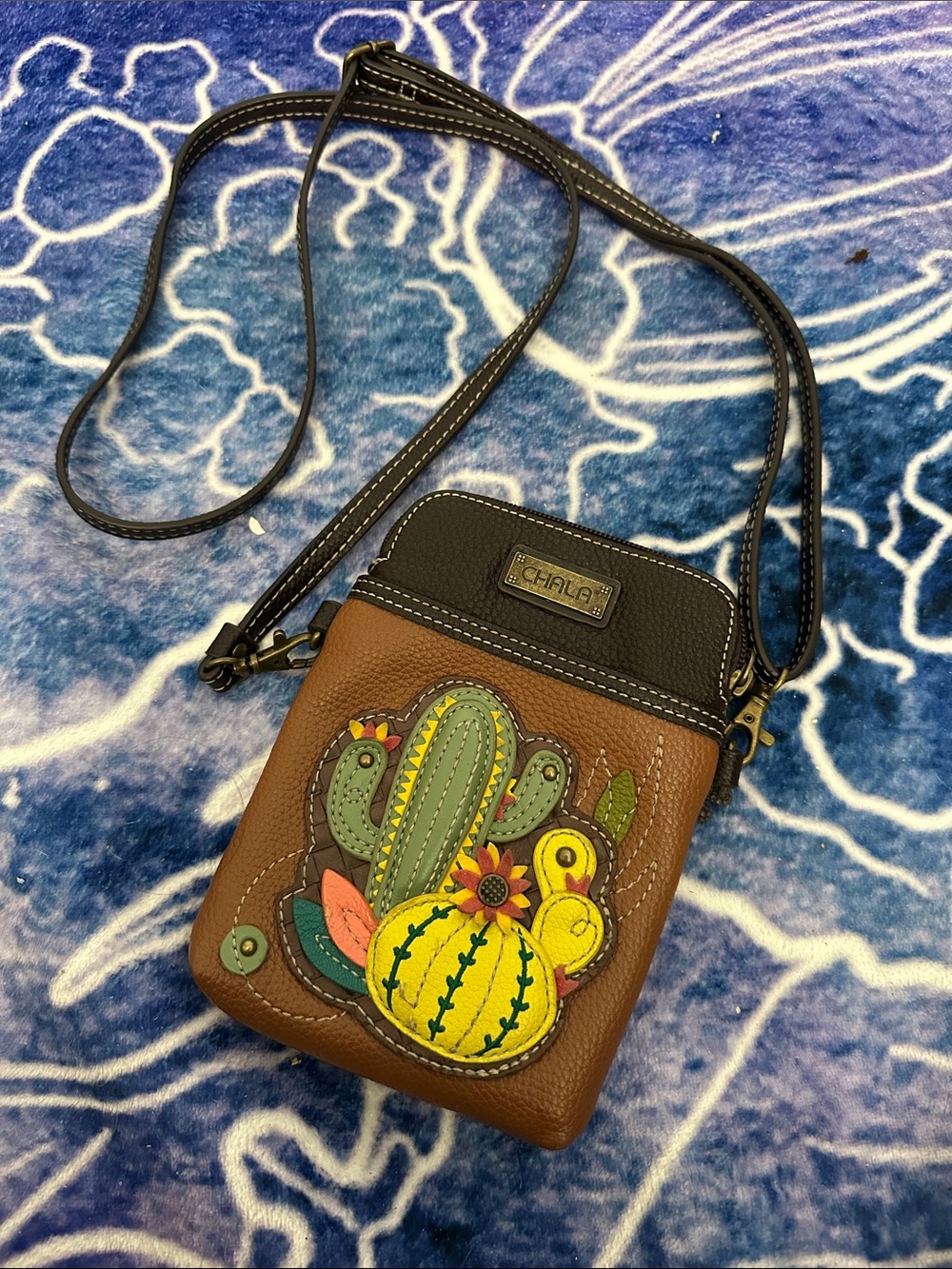 Chala Brown Crossbody Bag with Colorful Cactus Applique